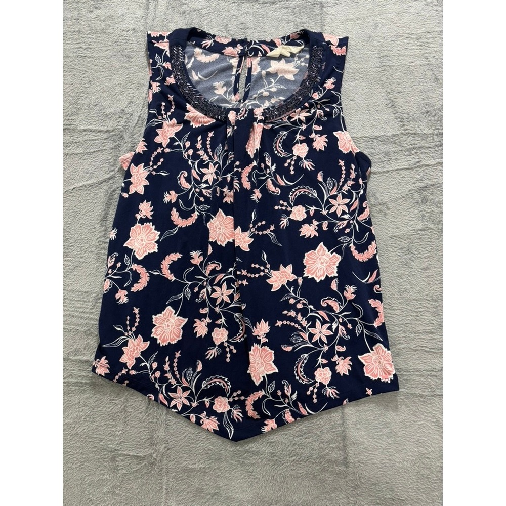 Magnolia Grace Floral Tank Top Womens L Navy Pink Beaded Neck Blouse